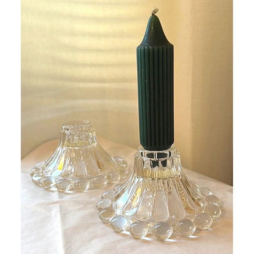 Vintage Candlesticks Set of 2 Clear Glass Hobnail Taper Holder Retro MCM